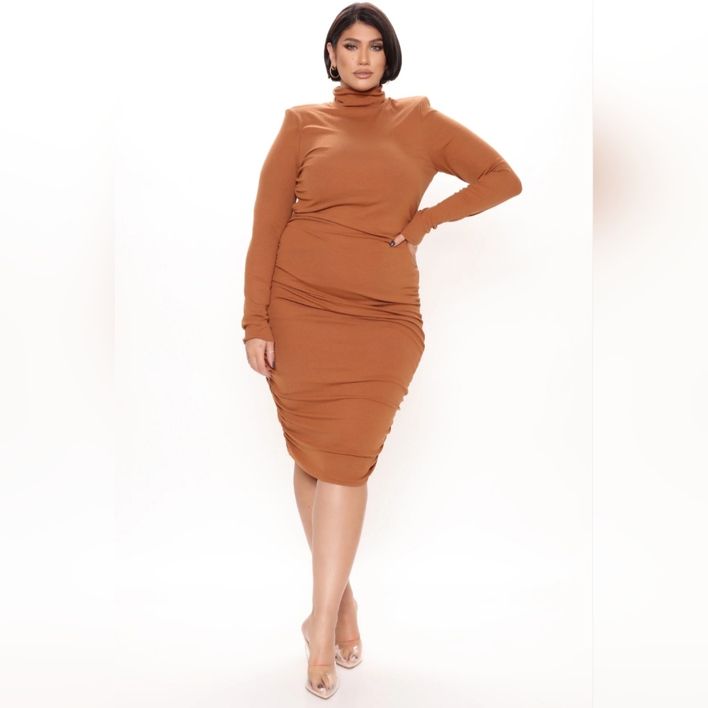 FashionNova Ruched Midi Dress-Cognac